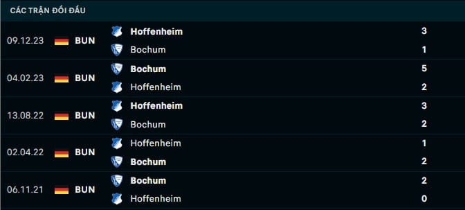 Thành tích đối đầu Bochum vs Hoffenheim
