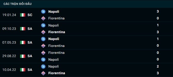 Thành tích đối đầu Fiorentina vs Napoli